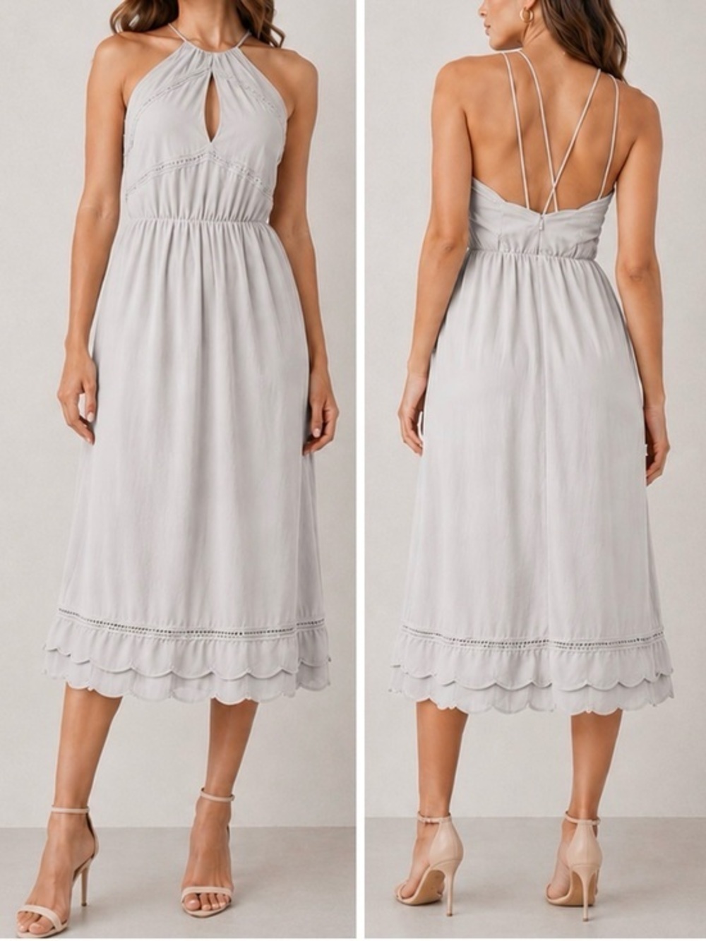 Elliatt Elation Ruffle Halter Gray Wedding Guest Cocktail Cut Out Midi Dress